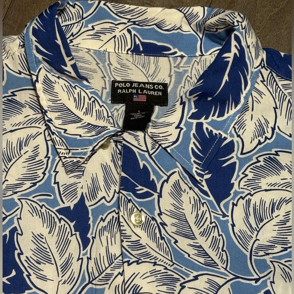 Vintage Polo Jeans Co Ralph Lauren Hawaiian Shirt Men’s L Blue Leaf Print Rayon